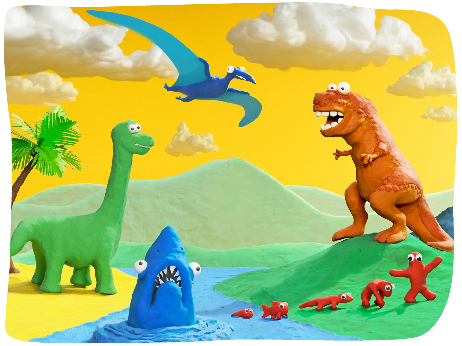 Prehistoric Playground: A Whimsical Dinosaur Clipart Scene with Playful Characters