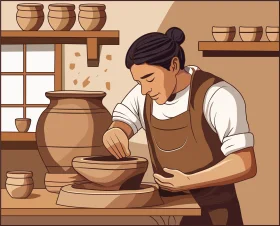 Traditional Pottery Crafting Clipart: Artisan Shaping Clay on Pottery Wheel