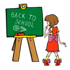 Cheerful Back to School Clipart with Young Student and Green Chalkboard