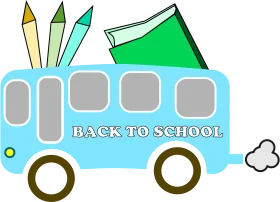 Cheerful Blue School Bus Clipart with Pencils and Textbook - Educational Illustration