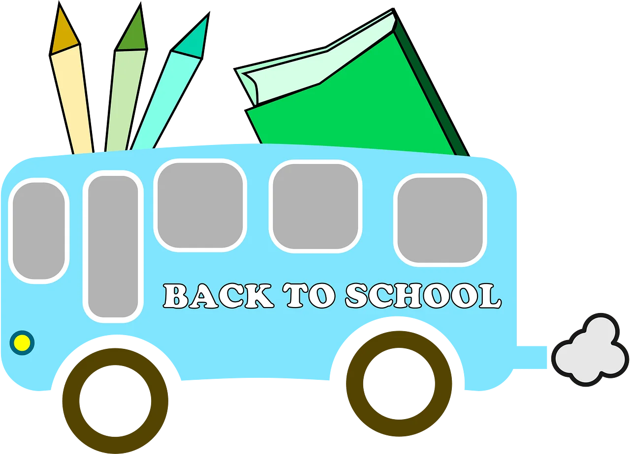 Cheerful Blue School Bus Clipart with Pencils and Textbook - Educational Illustration