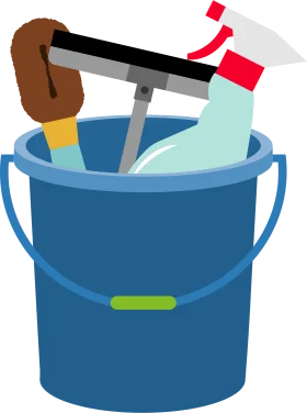 Blue Cleaning Bucket with Spray Bottle and Scrub Brush Clipart Design