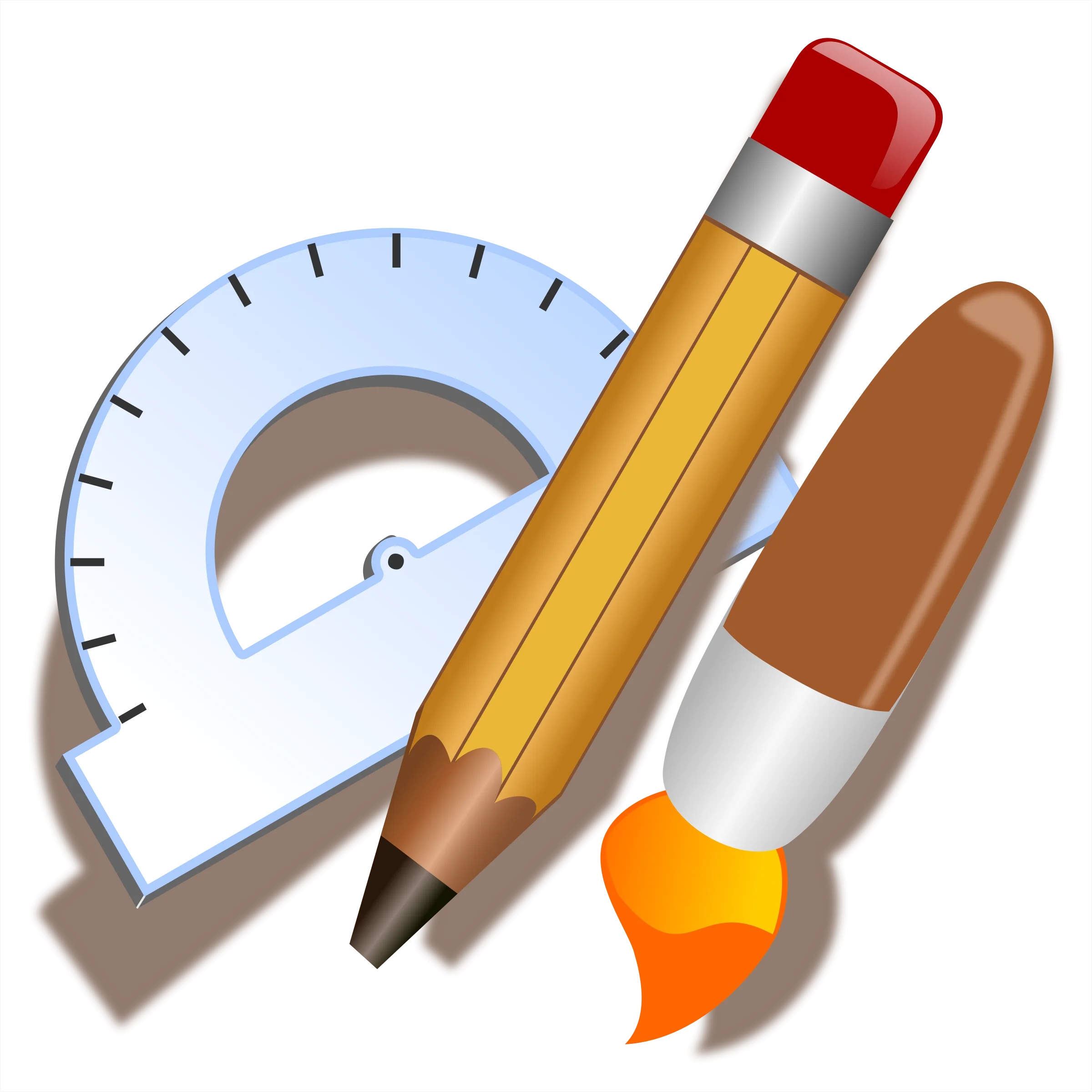 Classic School Drafting Tools Clipart: Protractor, Pencil, and Rocket Eraser