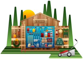 Comprehensive Garden Shed Toolset Clipart: A Colorful Illustration of Gardening Essentials
