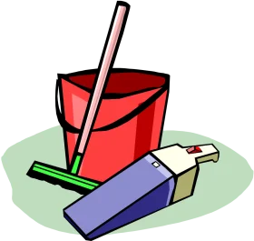 Essential Cleaning Supplies Clipart: Bucket, Mop, and Dustpan Illustration