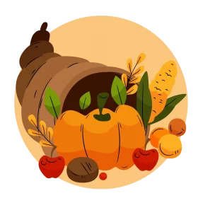 Bountiful Autumn Harvest Cornucopia Clipart with Pumpkins and Apples