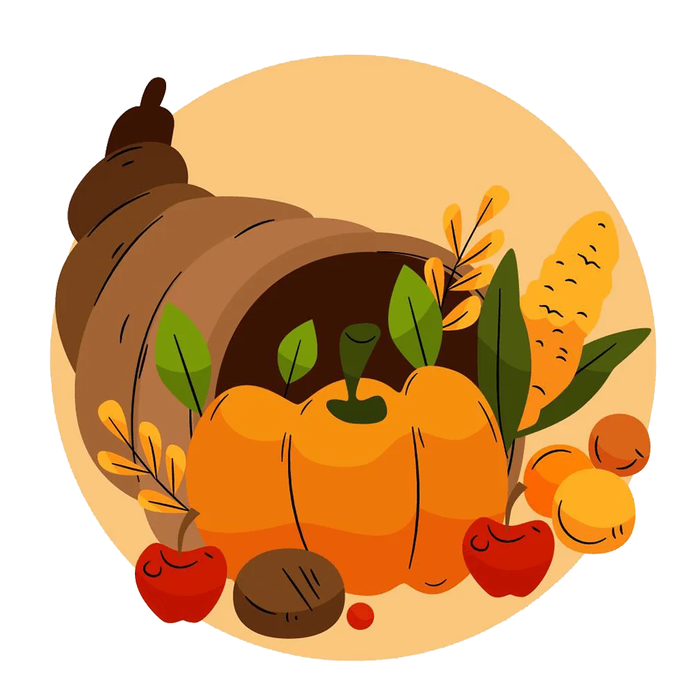 Bountiful Autumn Harvest Cornucopia Clipart with Pumpkins and Apples
