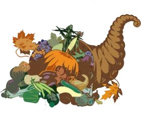 Bountiful Autumn Harvest Cornucopia Clipart with Seasonal Produce and Falling Leaves