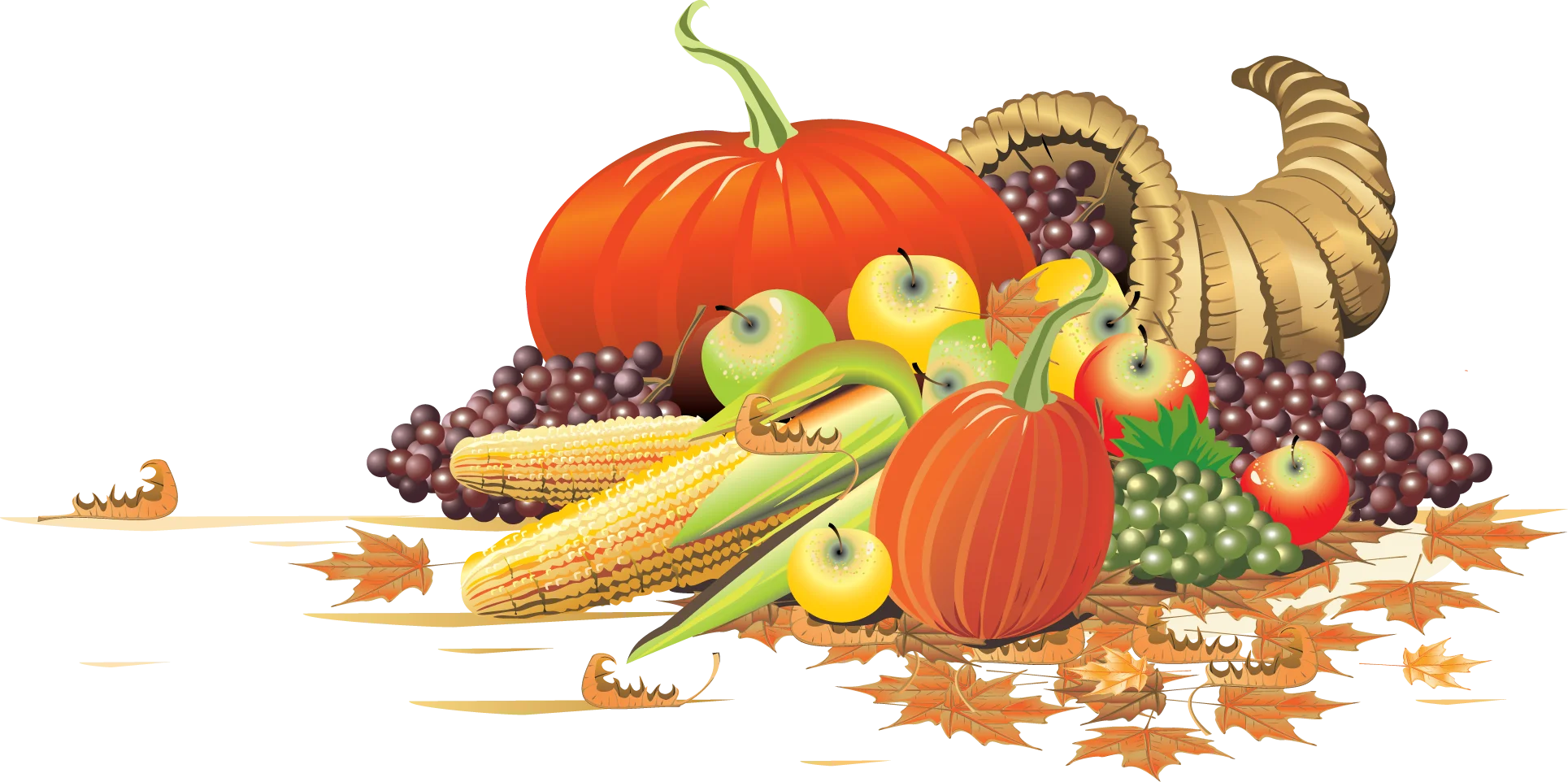 Bountiful Autumn Harvest Cornucopia Clipart with Seasonal Produce Arrangement