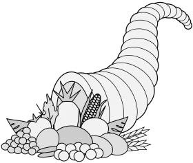 Traditional Black and White Thanksgiving Harvest Cornucopia Clipart Illustration