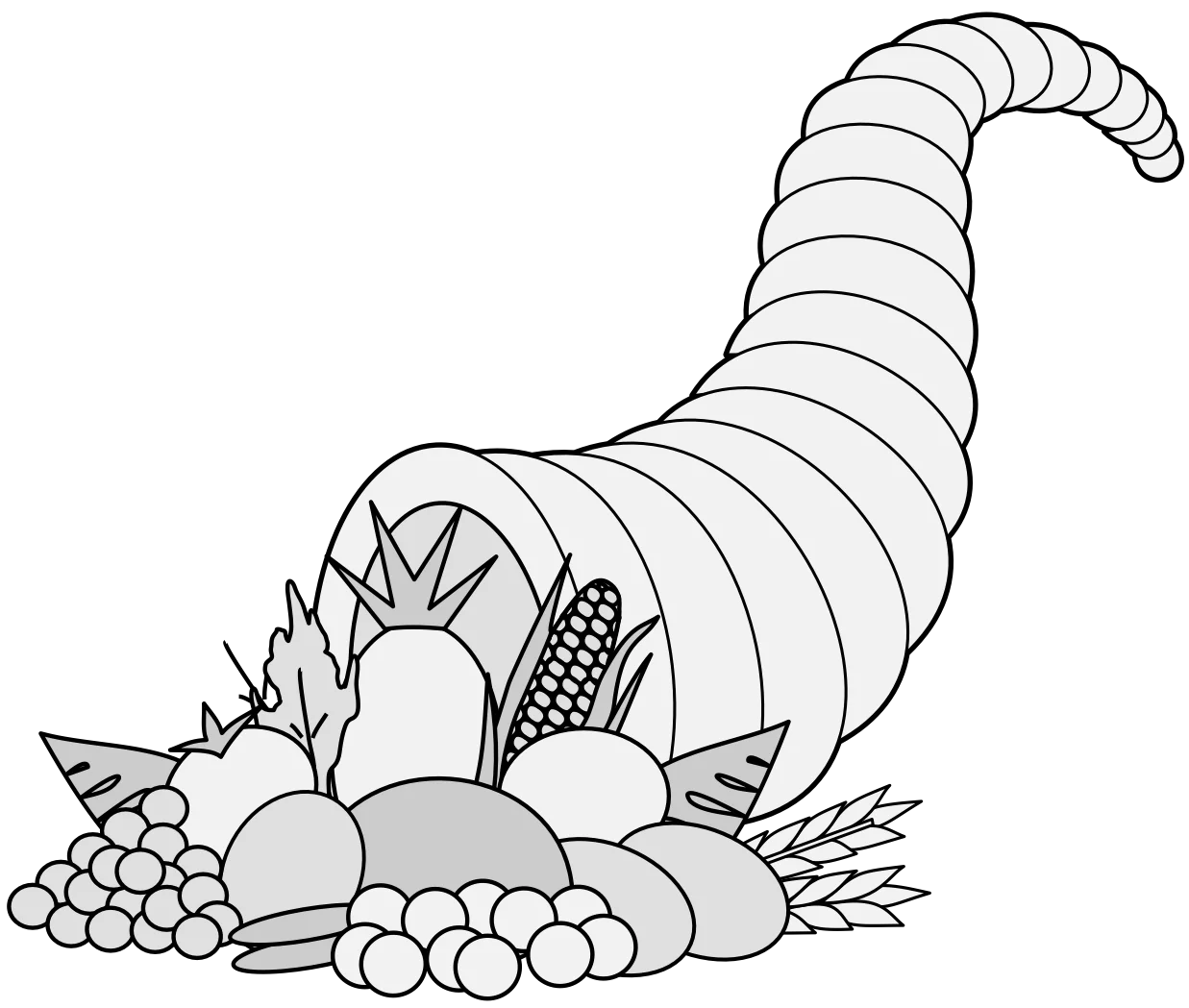 Traditional Black and White Thanksgiving Harvest Cornucopia Clipart Illustration