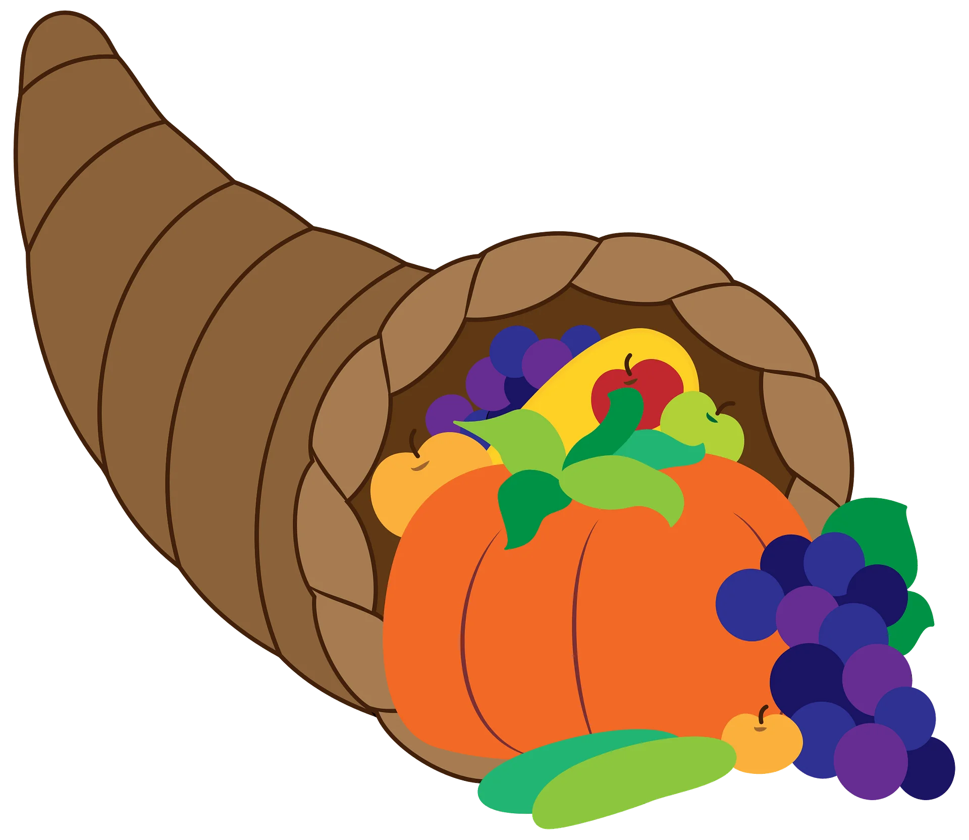 Traditional Thanksgiving Cornucopia Clipart: Bountiful Harvest of Colorful Fruits and Vegetables