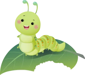 Adorable Green Caterpillar Clipart Sitting Cheerfully on a Leaf with Cute Expression