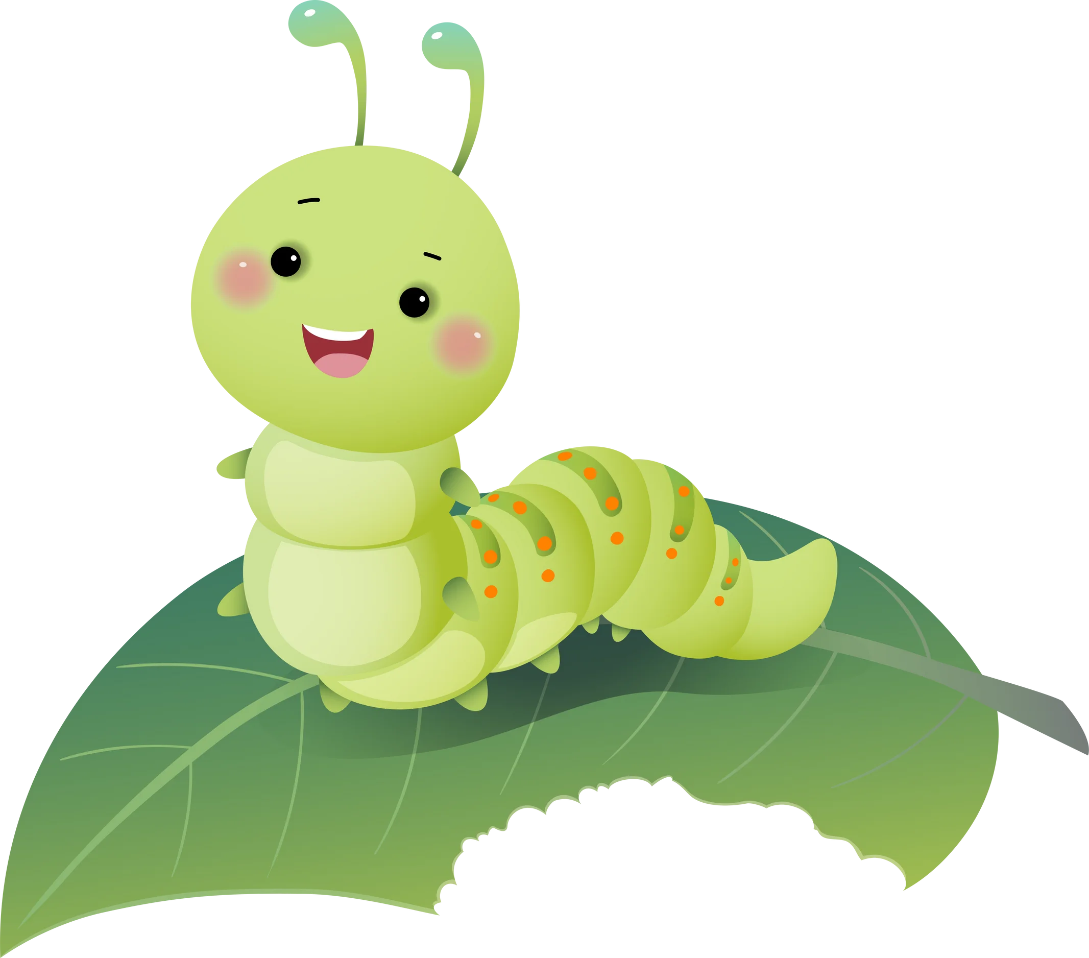 Adorable Green Caterpillar Clipart Sitting Cheerfully on a Leaf with Cute Expression