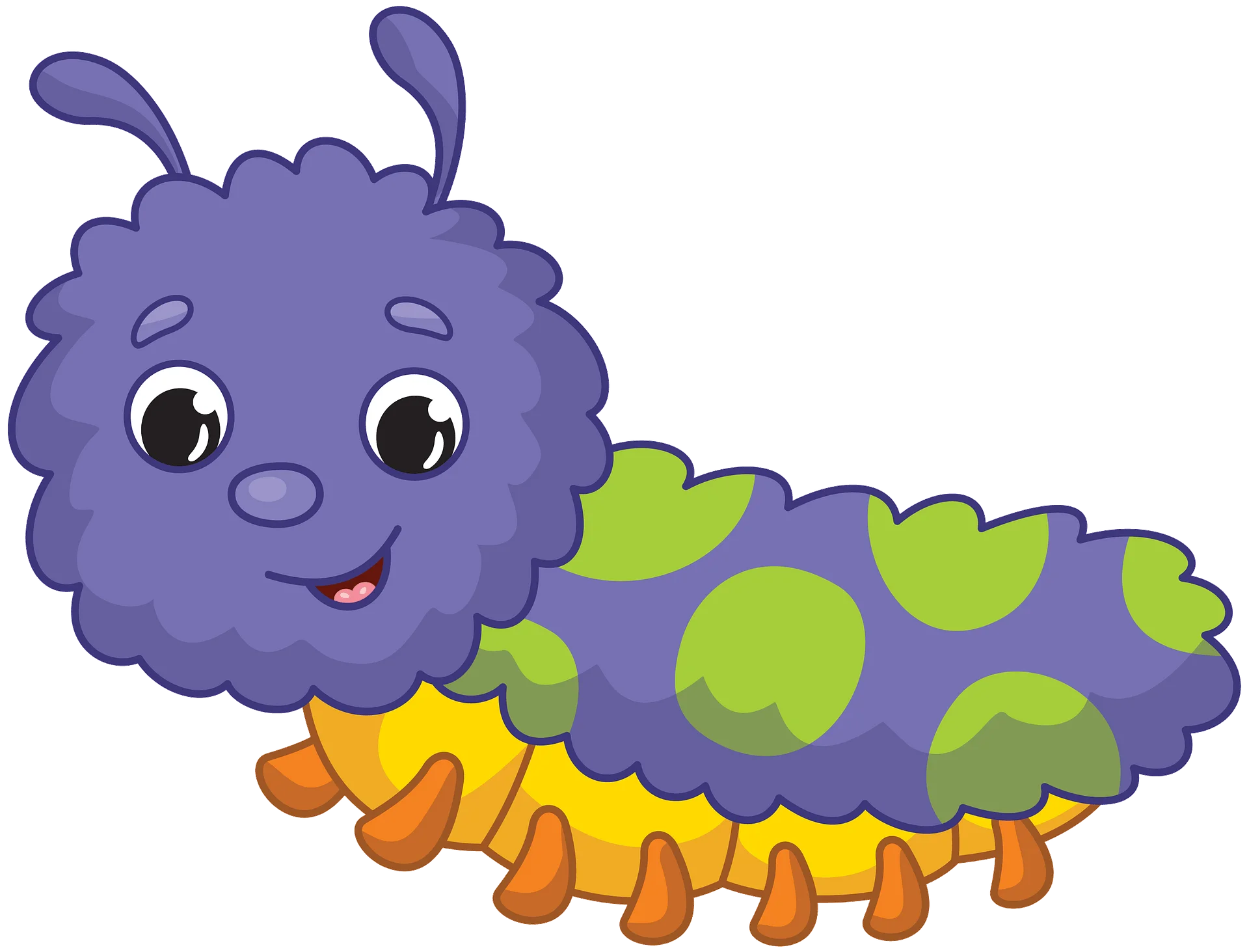 Adorable Purple and Green Cartoon Caterpillar Clipart with Cheerful Expression