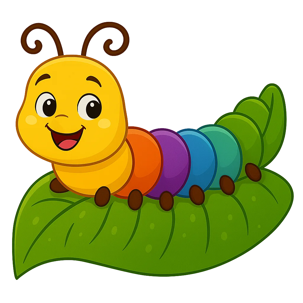 Cheerful Colorful Cartoon Caterpillar Clipart Sitting on Lush Green Leaf