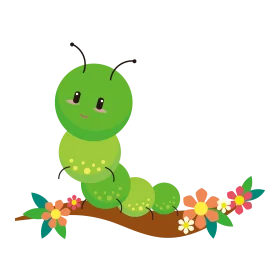 Cheerful Green Caterpillar on Flower Branch Cute Cartoon Clipart Illustration