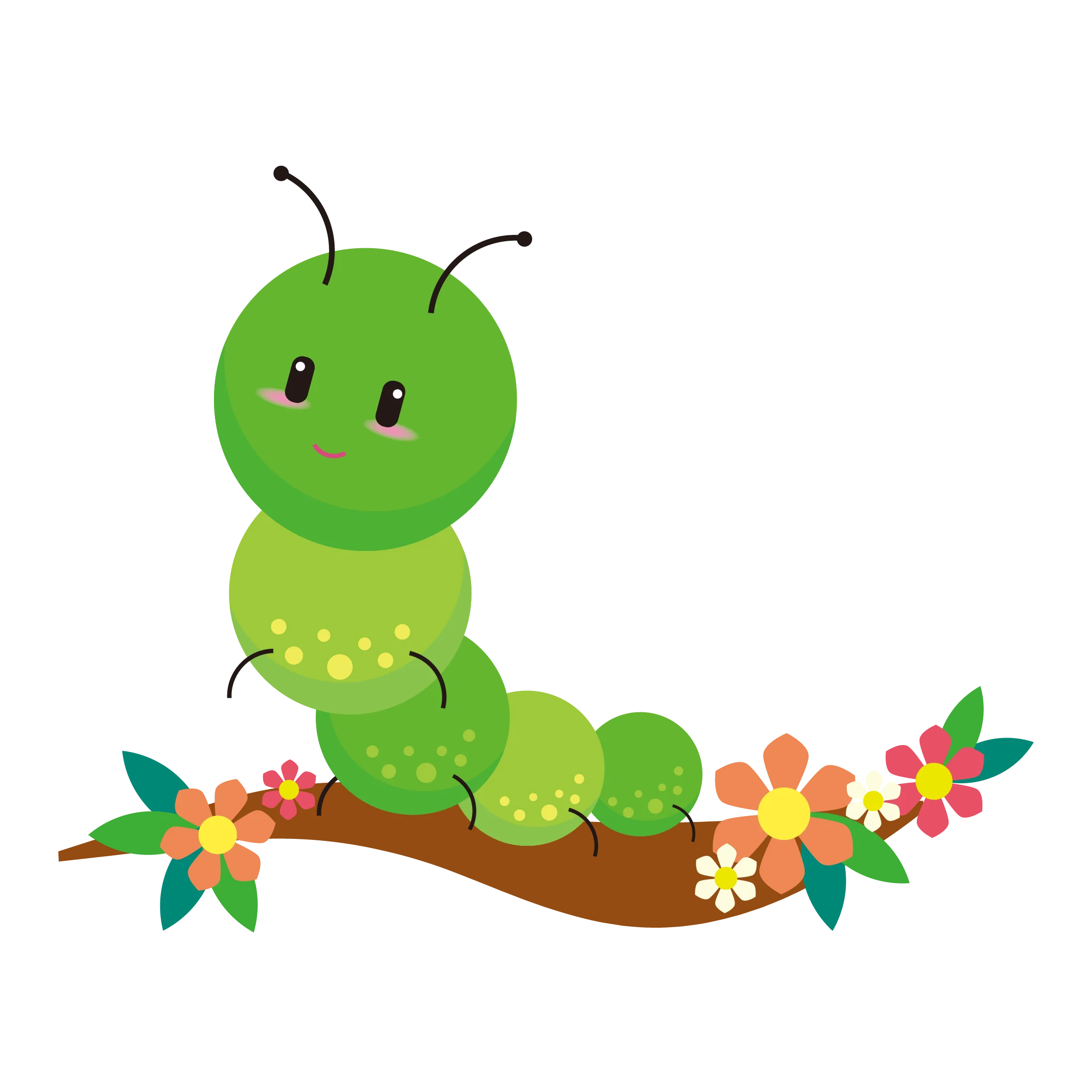 Cheerful Green Caterpillar on Flower Branch Cute Cartoon Clipart Illustration