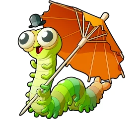 Cheerful Green Caterpillar with Orange Umbrella Cartoon Clipart Design