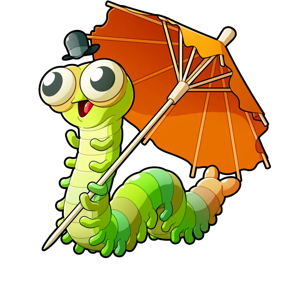 Cheerful Green Caterpillar with Orange Umbrella Cartoon Clipart Design
