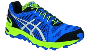 Dynamic ASICS Trail Running Shoe Clipart Design with Electric Blue and Lime Green