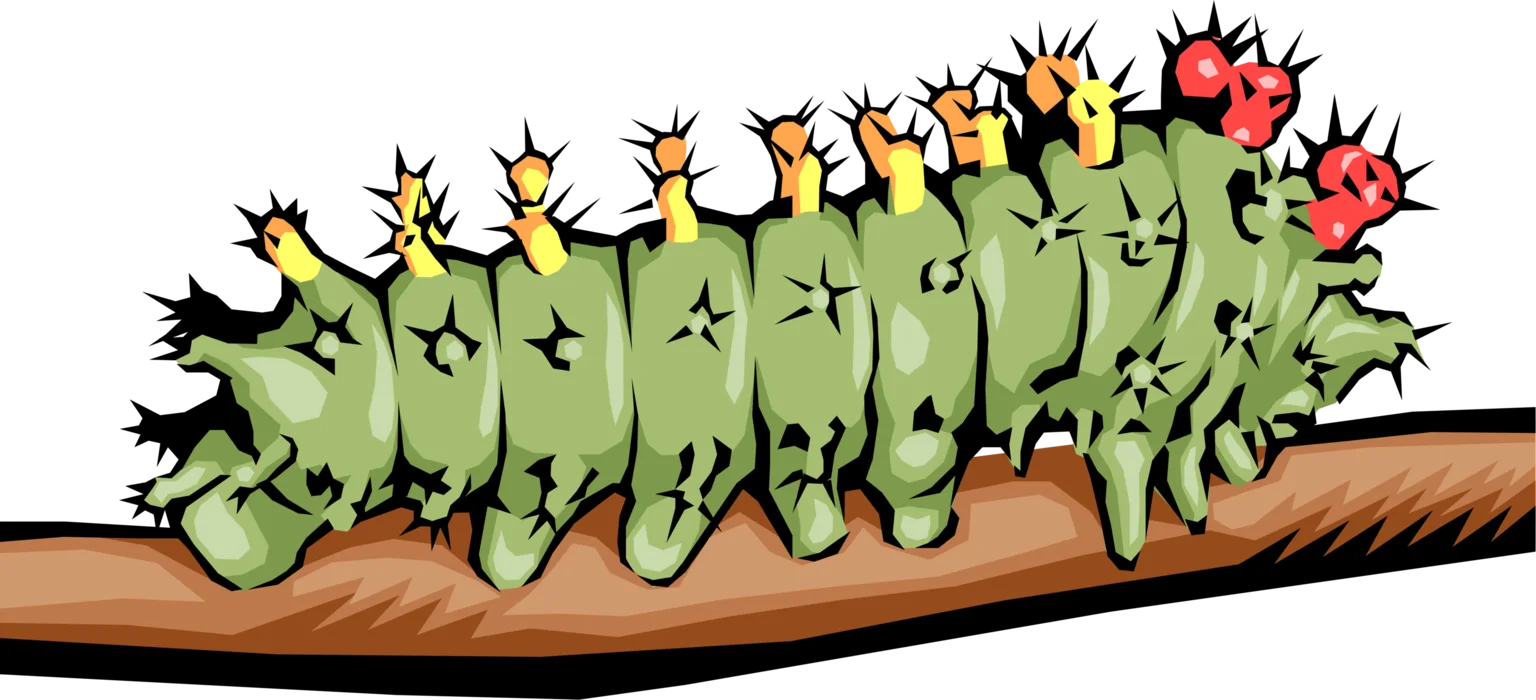 Spiky Green Caterpillar Clipart with Colorful Pointed Protrusions on Branch