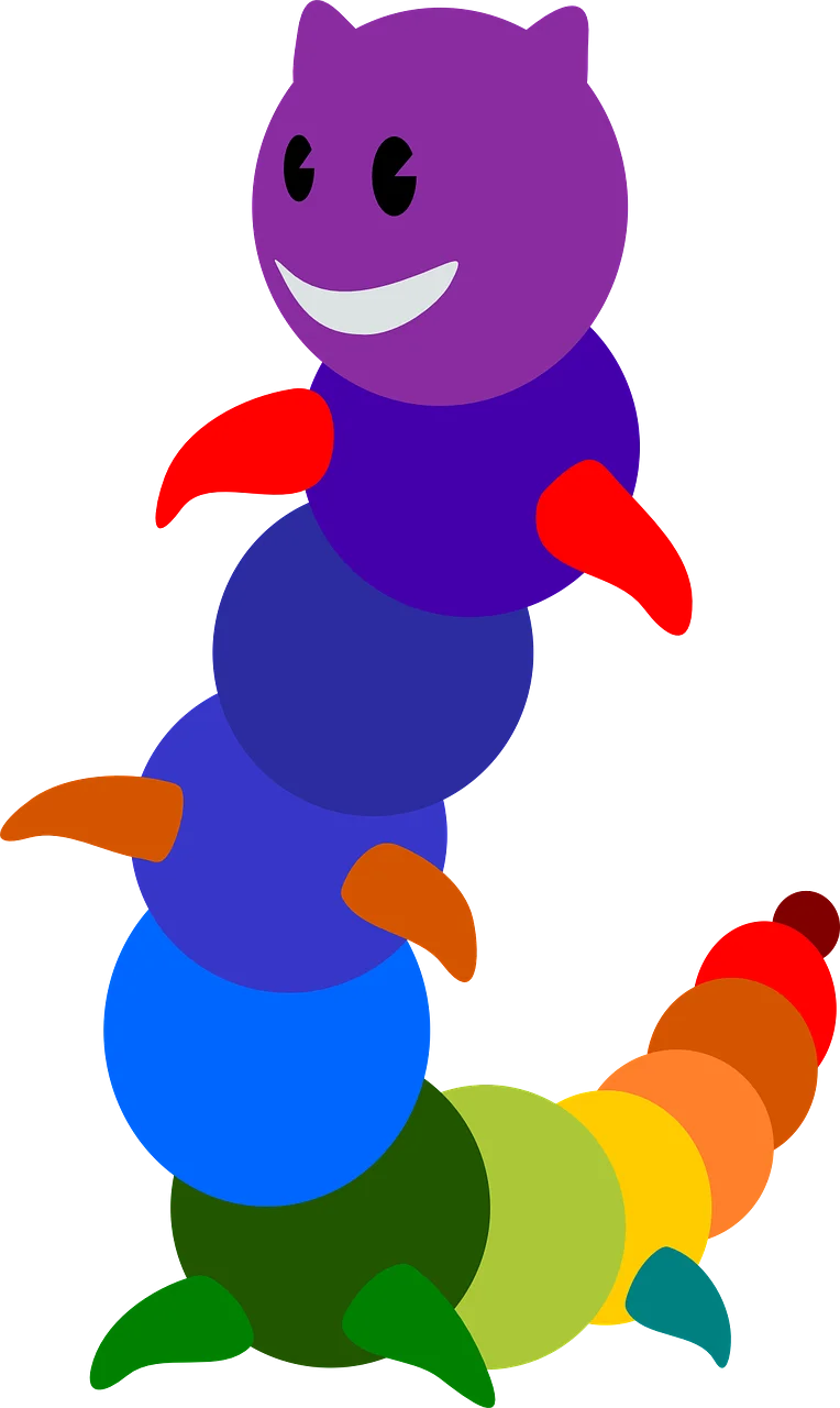 Whimsical Rainbow Gradient Caterpillar Clipart with Playful Expression