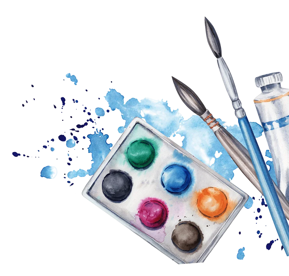 Watercolor Paint Palette Clipart with Artistic Brushes and Splattered Colors