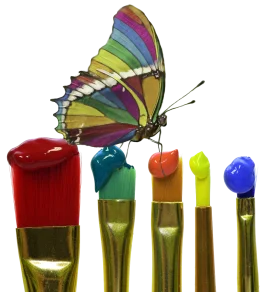 Whimsical Rainbow Butterfly Perched on Colorful Paint Brush Clipart Collection