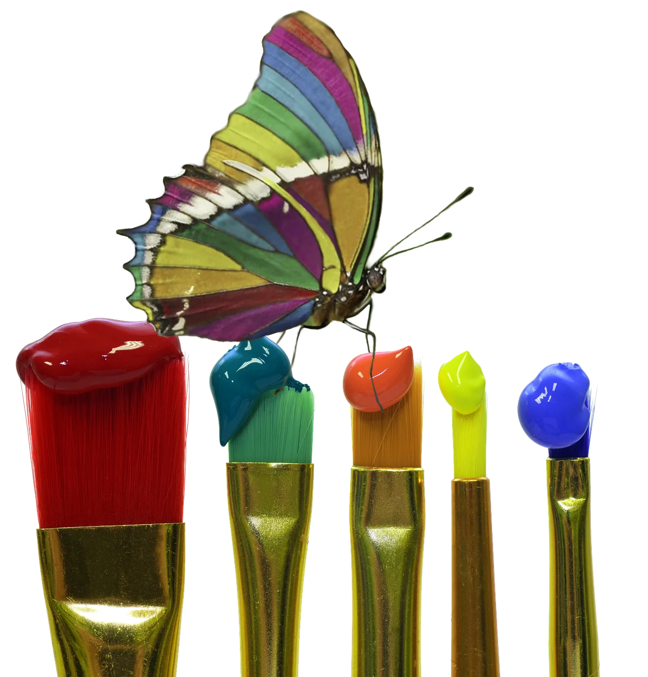 Whimsical Rainbow Butterfly Perched on Colorful Paint Brush Clipart Collection