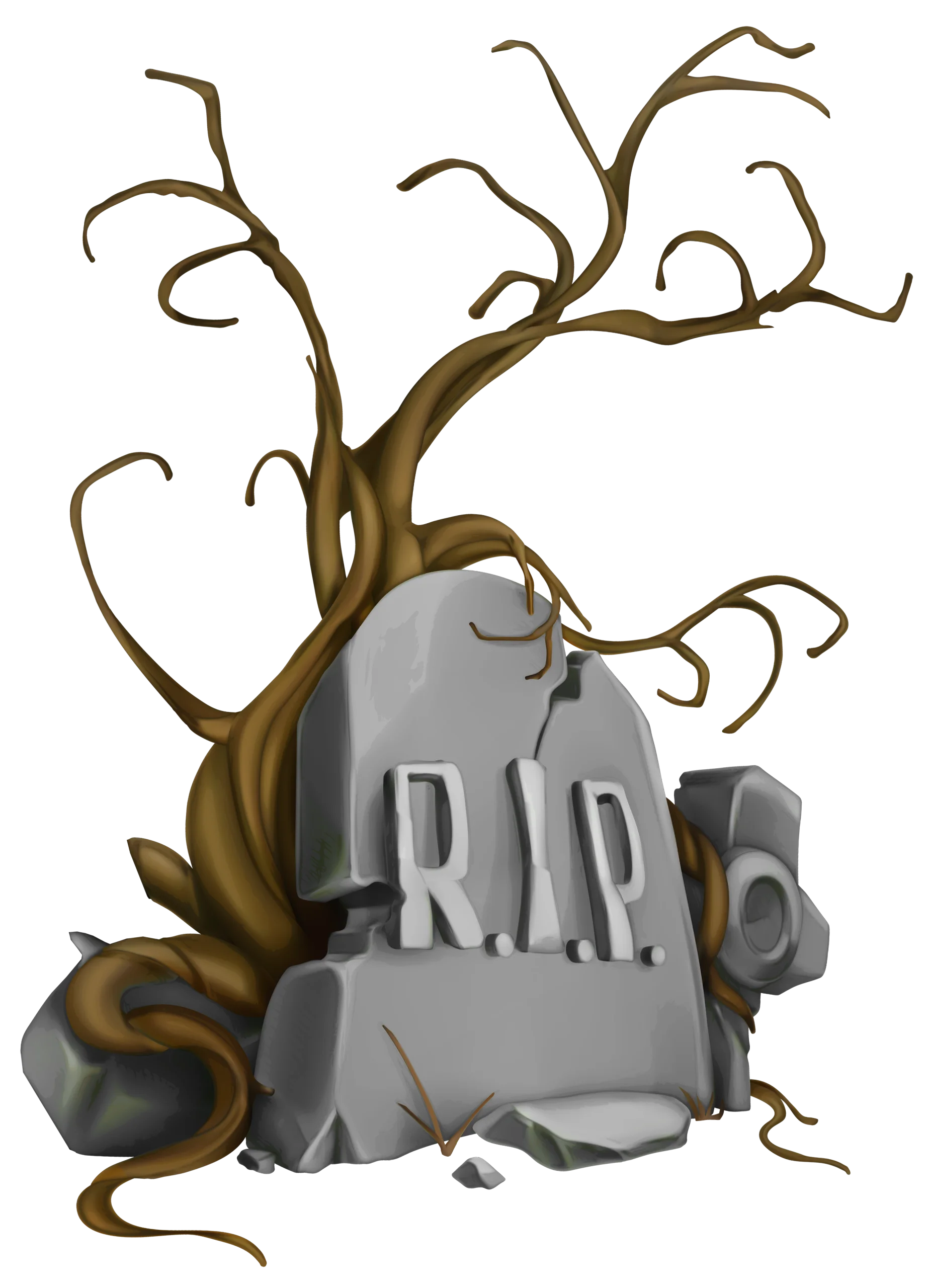 Haunting Monochromatic RIP Tombstone Clipart with Twisted Bare Tree Branches