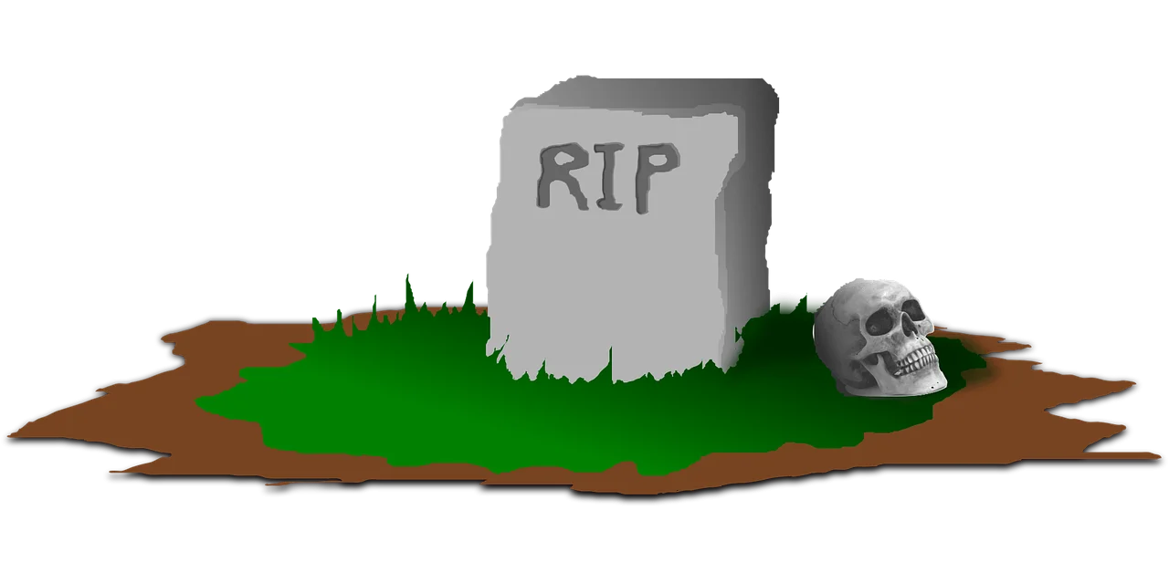 Somber Gravestone and Skull Resting on Grassy Ground - Melancholic Clipart Illustration
