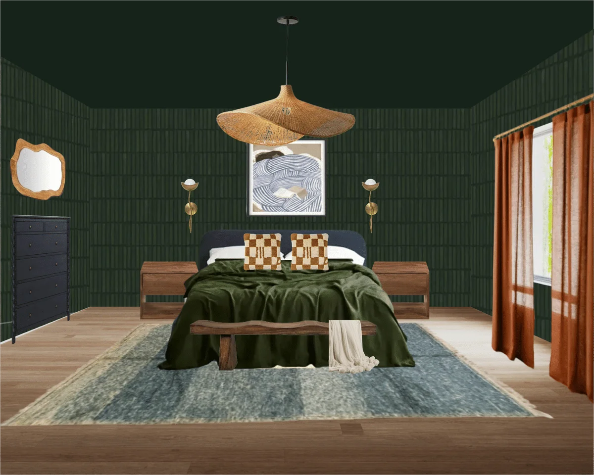 Serene Forest Green Bedroom Interior Clipart with Artistic Elements