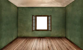 Rustic Empty Green Room Interior with Wooden Window Clipart Illustration