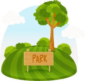 Charming Green Park Landscape with Wooden Signboard Clipart Illustration