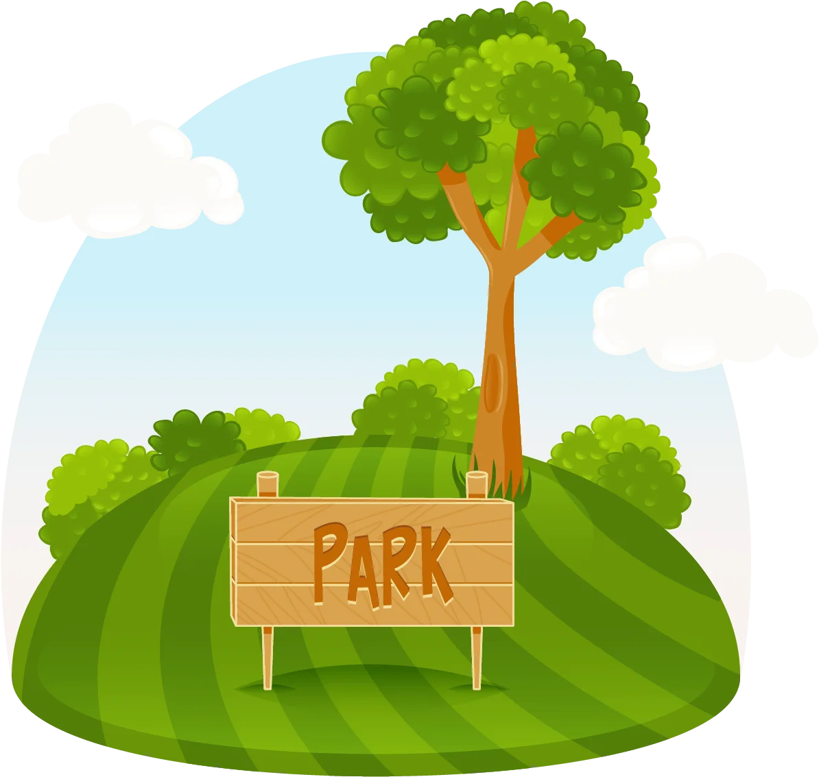 Charming Green Park Landscape with Wooden Signboard Clipart Illustration