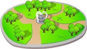 Charming Landscape Park Design with Winding Paths and Lush Green Trees Clipart