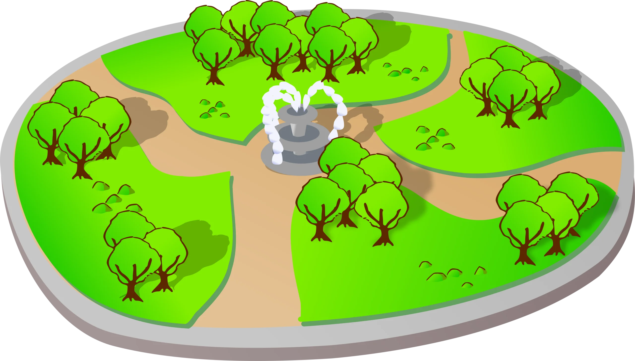 Charming Landscape Park Design with Winding Paths and Lush Green Trees Clipart
