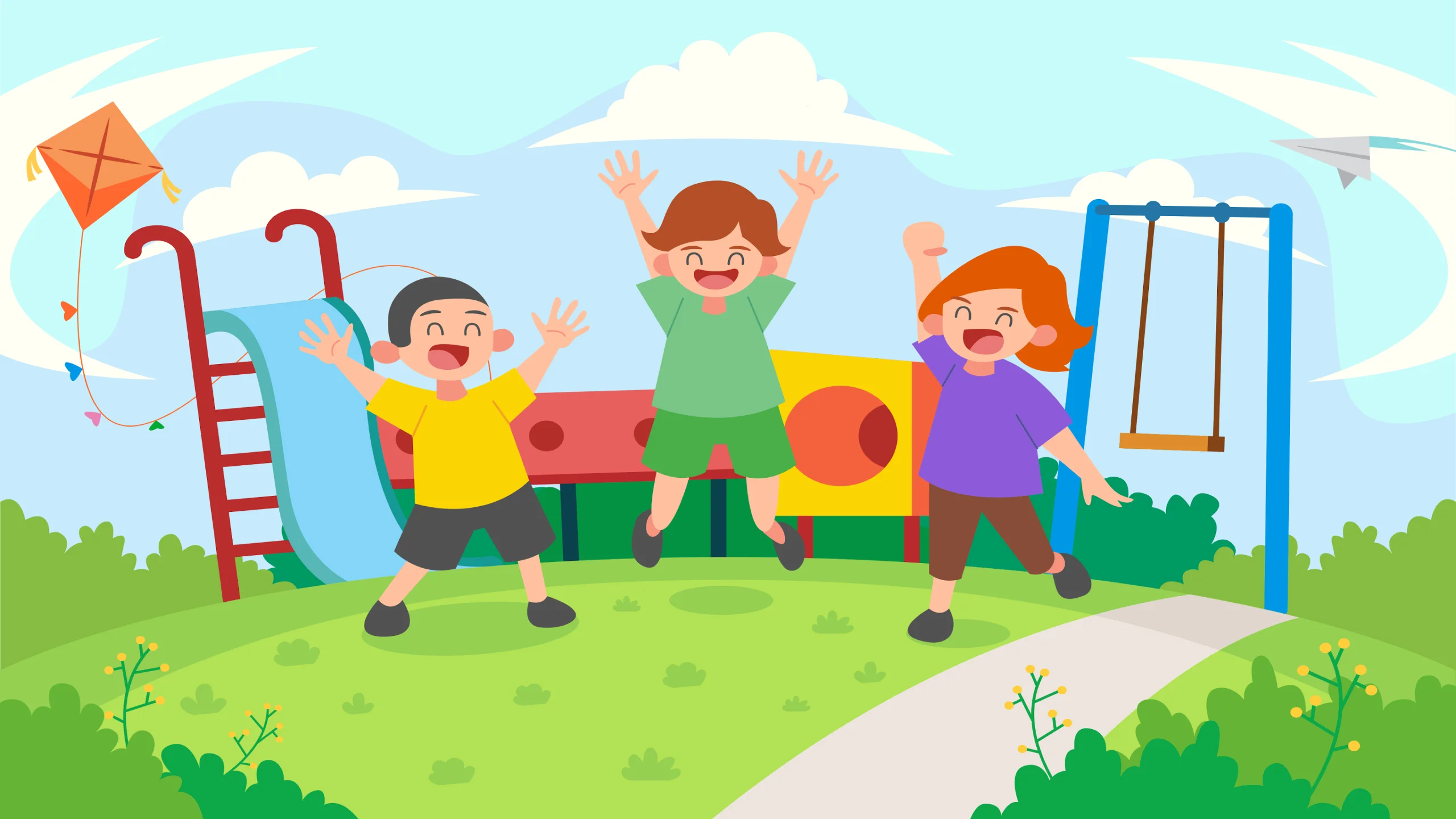 Cheerful Children Playing Together at Playground Clipart Scene with Joyful Illustration