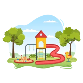 Cheerful Children's Playground Clipart with Colorful Play Structures and Lush Trees