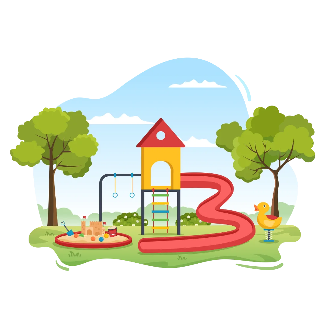 Cheerful Children's Playground Clipart with Colorful Play Structures and Lush Trees