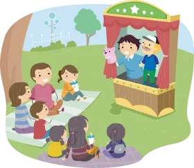 Delightful Children's Puppet Show Clipart Scene in a Cheerful Park Setting
