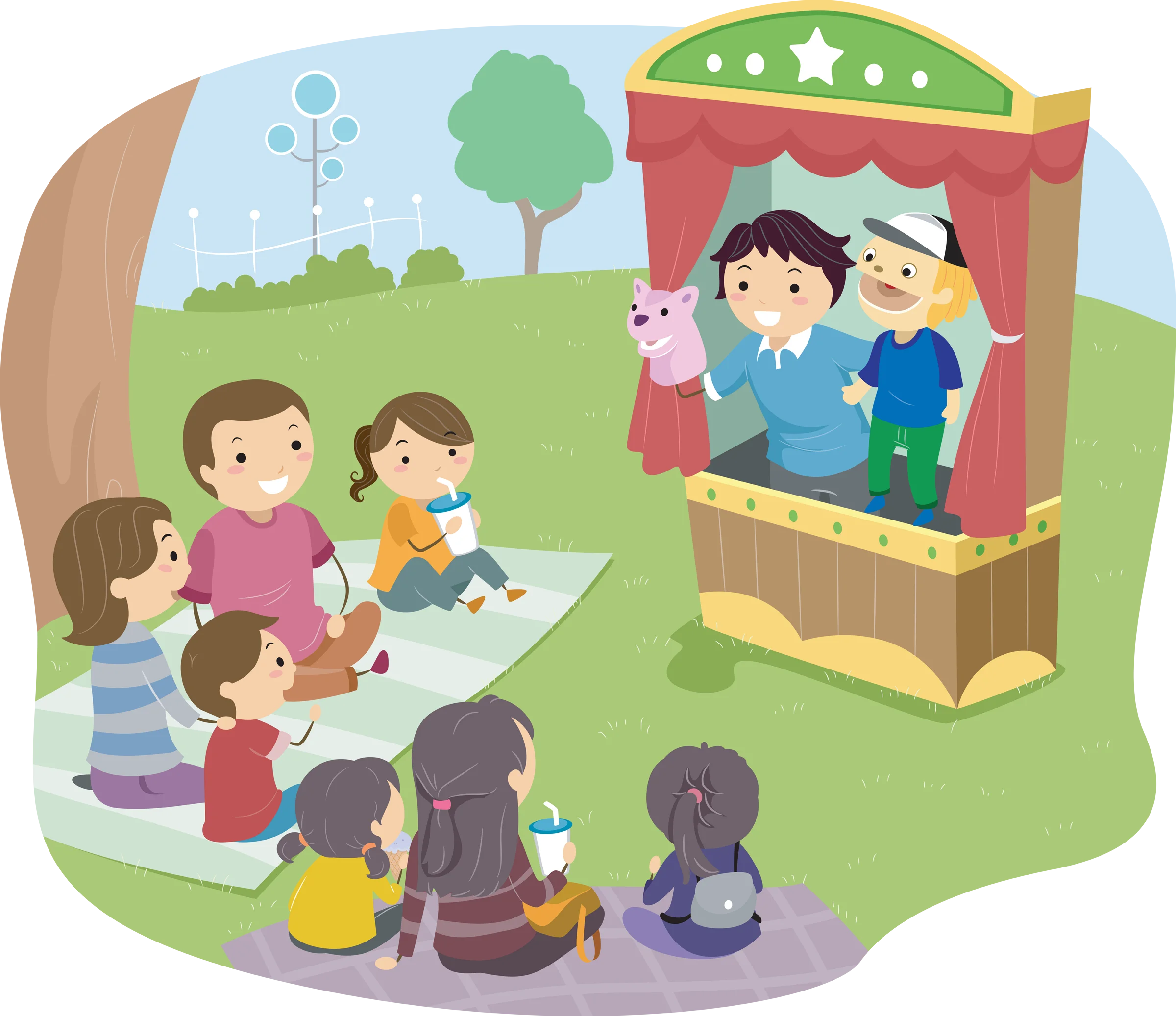 Delightful Children's Puppet Show Clipart Scene in a Cheerful Park Setting