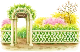 Enchanting Garden Pathway Clipart with Ornate Archway and Delicate Fencing
