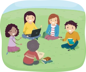 Friendly Group of Students Studying and Collaborating Outdoors Clipart Scene