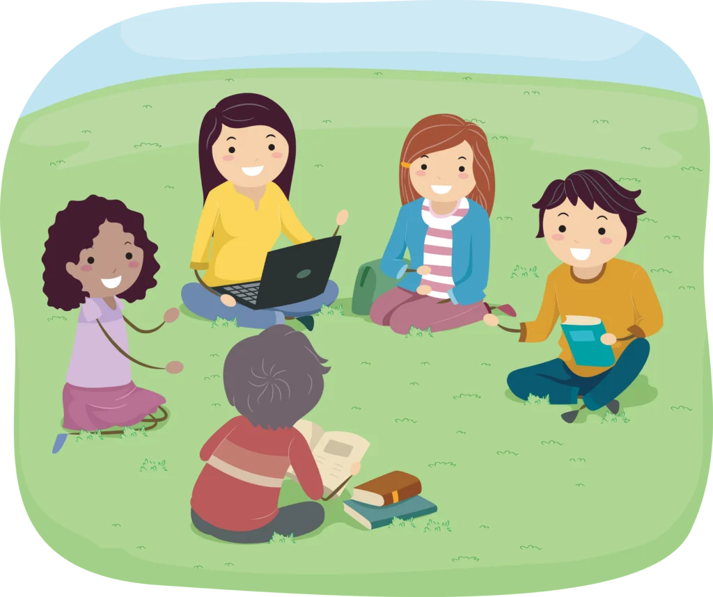 Friendly Group of Students Studying and Collaborating Outdoors Clipart Scene