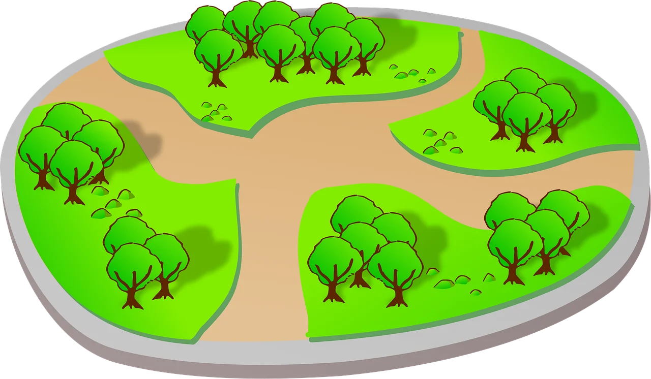 Scenic Landscape Design with Lush Green Trees and Winding Pathways Clipart