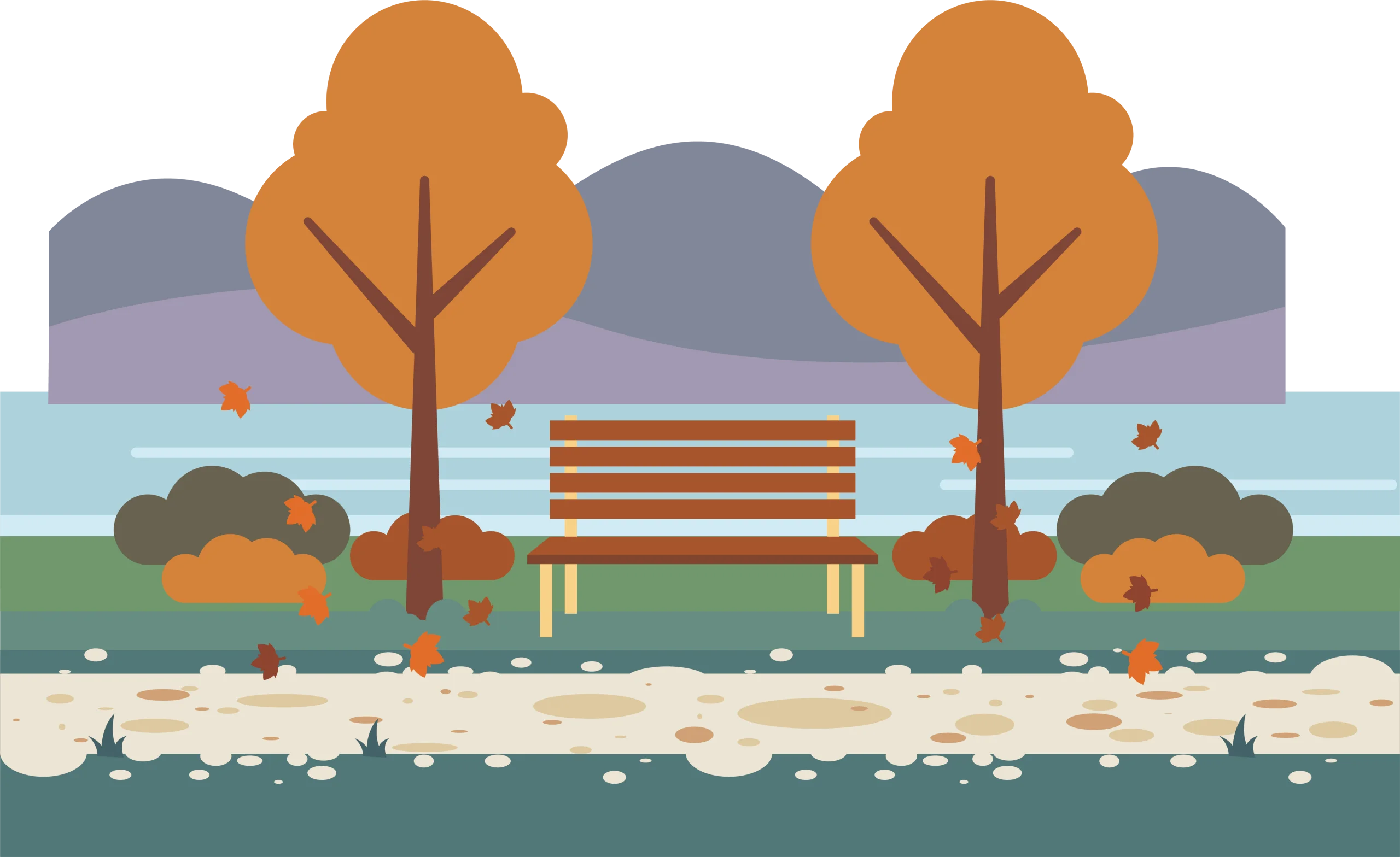 Serene Autumn Park Landscape Clipart with Scenic Bench and Trees