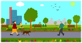 Serene City Park Scene with Walking People and Dog in Cheerful Clipart Style