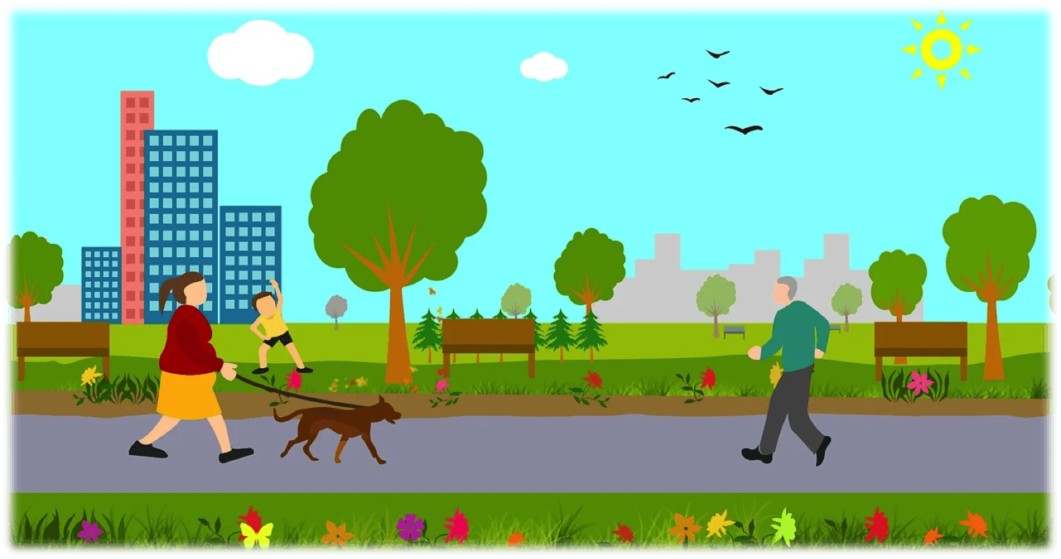 Serene City Park Scene with Walking People and Dog in Cheerful Clipart Style